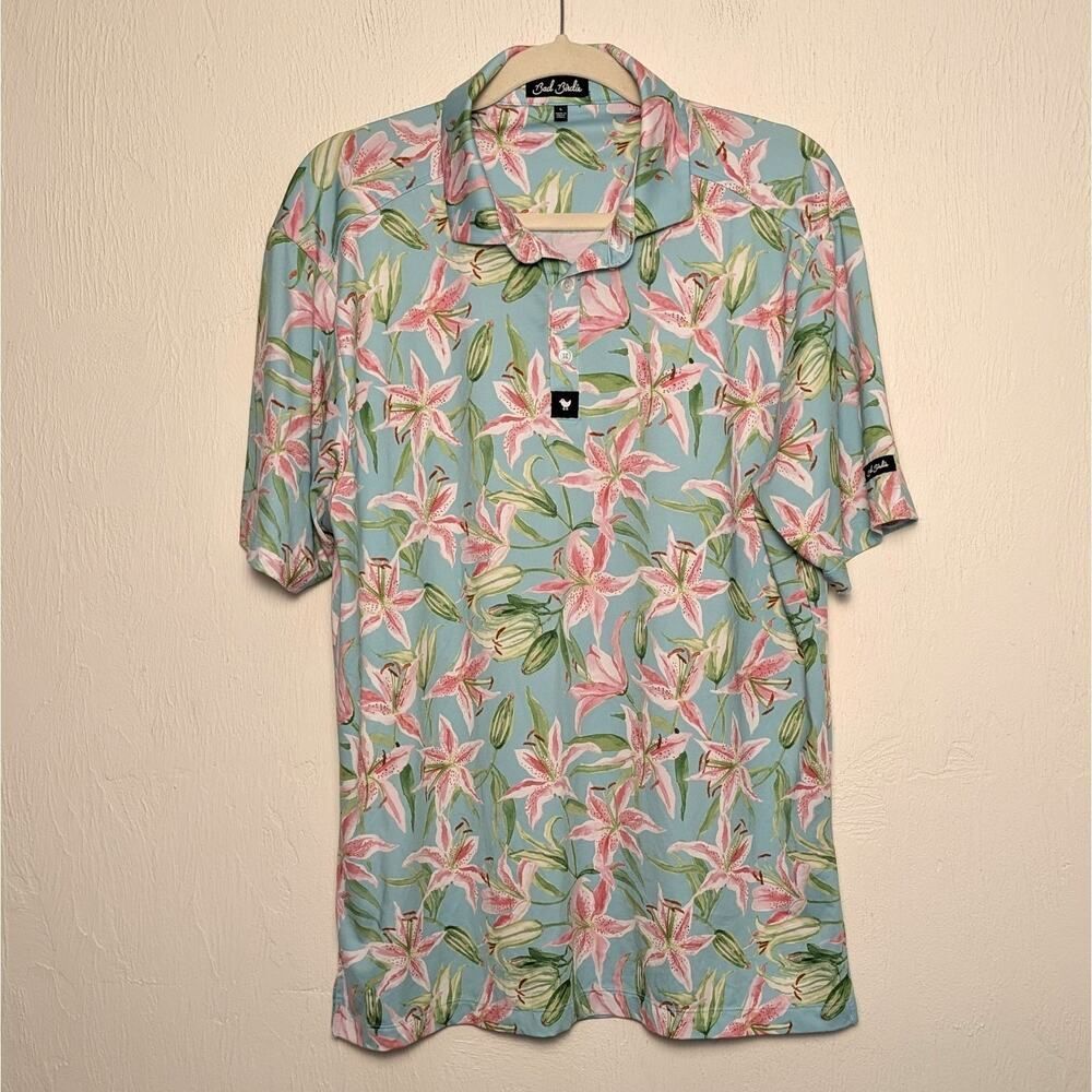 Bad Birdie Polo Mens L Blue Floral Golf Short Sleeve Collared Jersey Performance